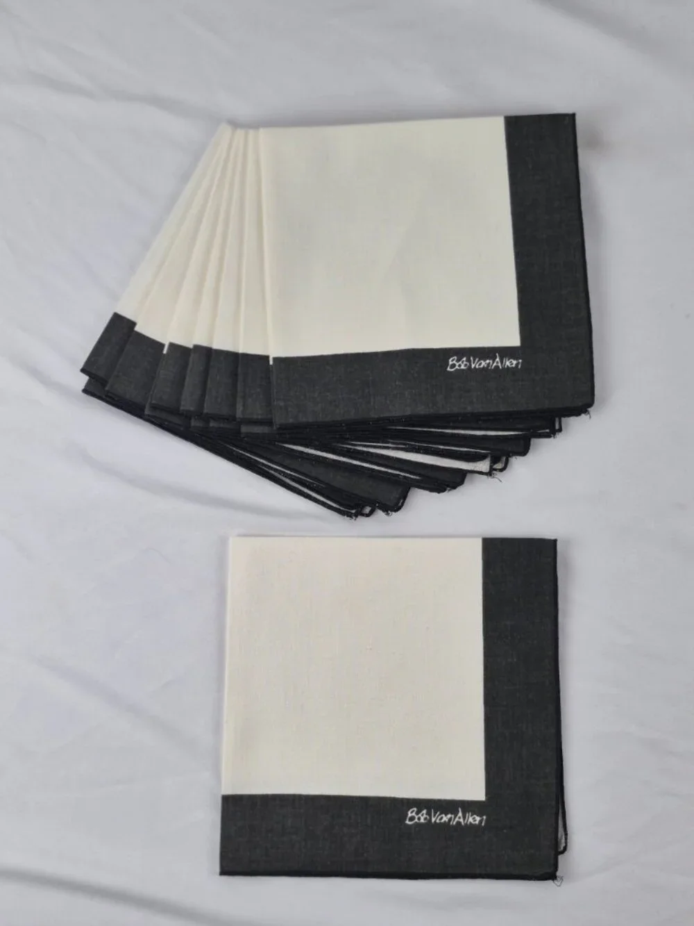 Vintage Bob Allen Napkins Charcoal Boarder & Cream Center Linen Signed Set of 8